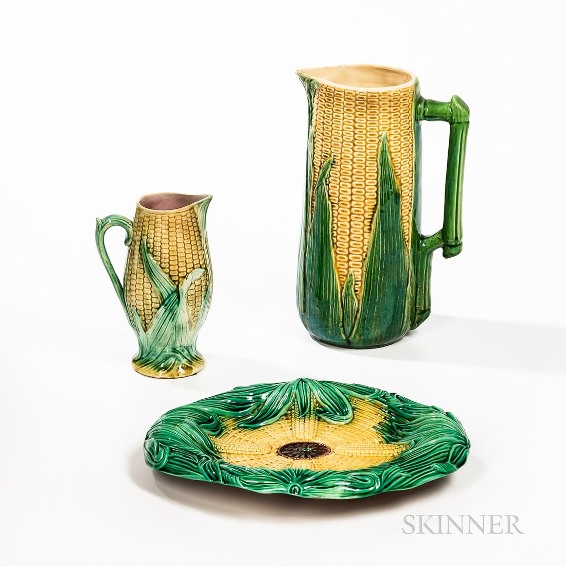 Three Majolica Corn Decorated Items, England, late 19th century, including a tall jug, ht. 12 1/4; (1 of 1)