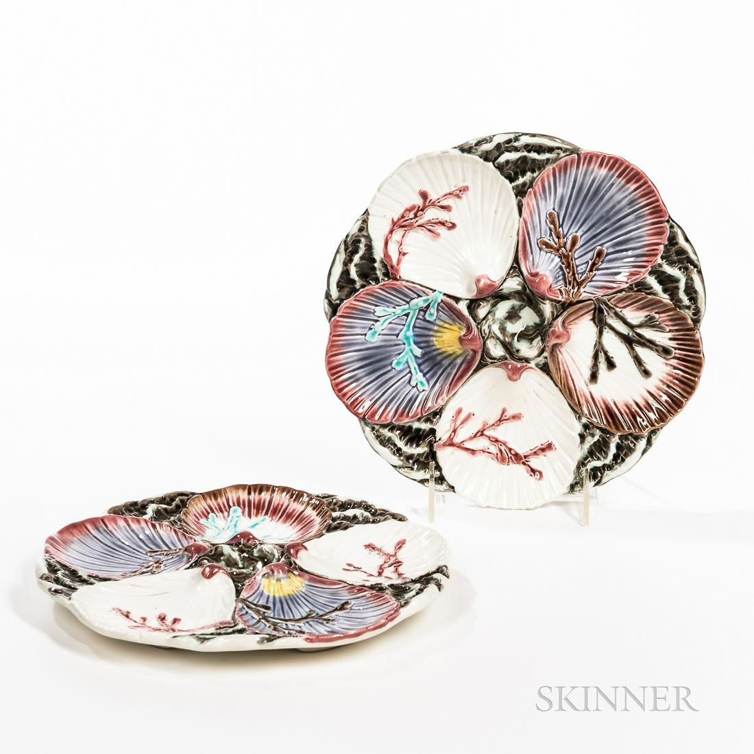 Two Wedgwood Majolica Oyster Plates, England, c. 1880, modeled as five coral decorated shells (1 of 1)