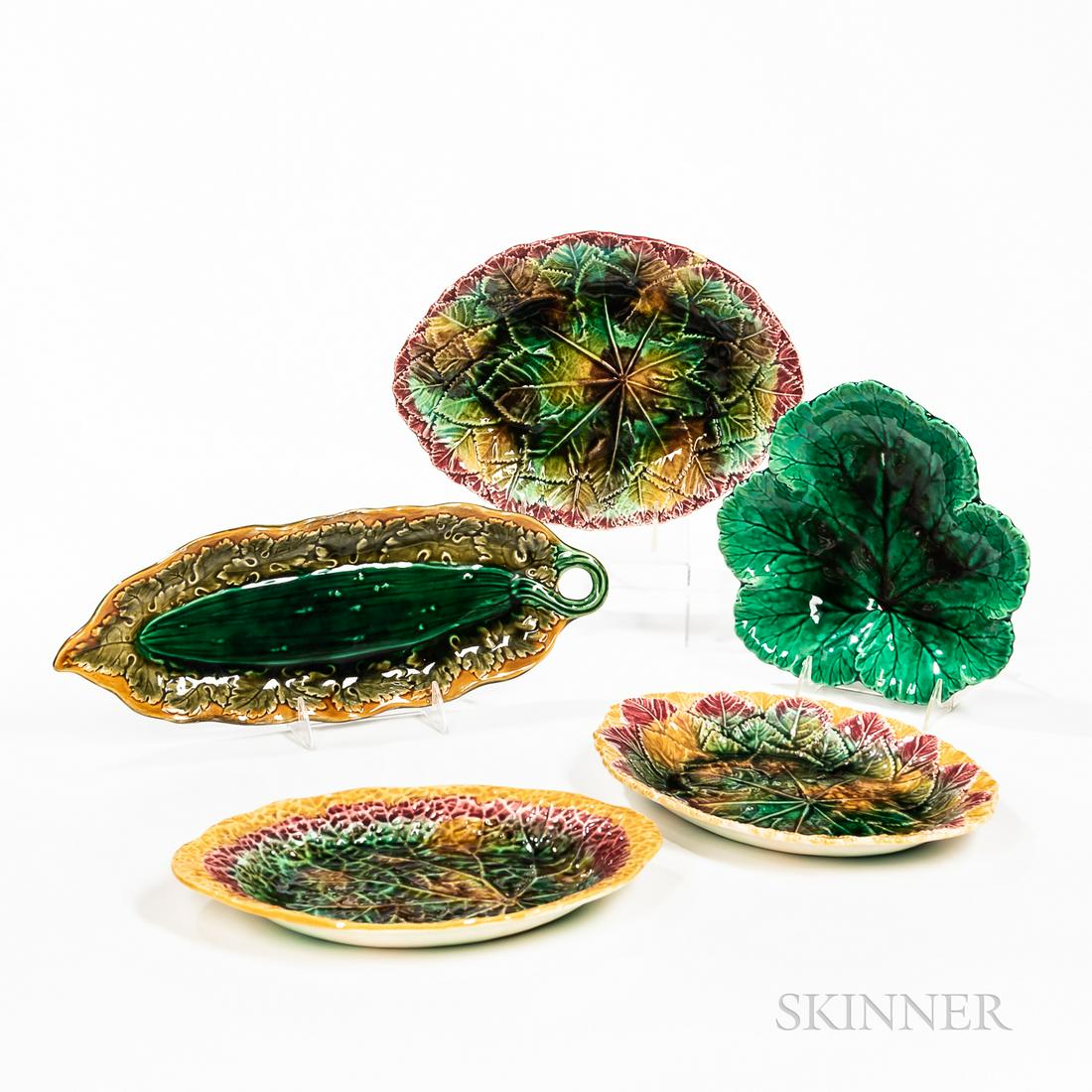 Five Majolica Leaf Dishes, late 19th century, three of similar oval shape with veining, lg. 11 1/4; (1 of 1)