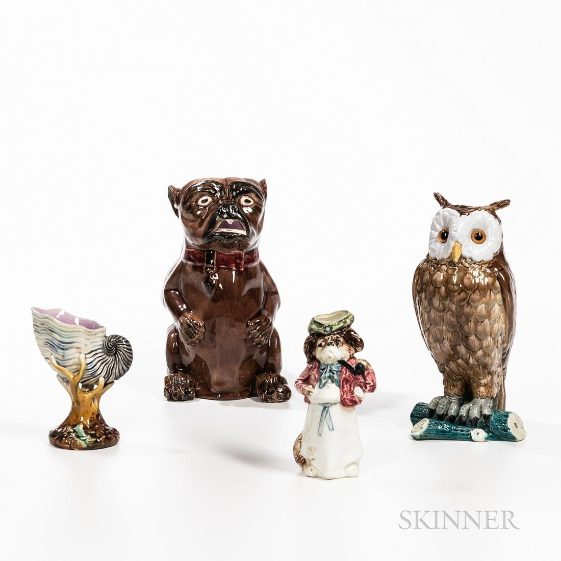 Four Majolica Figural Items, late 19th century, including an owl perched on a branch, ht. 9; a pug (1 of 1)