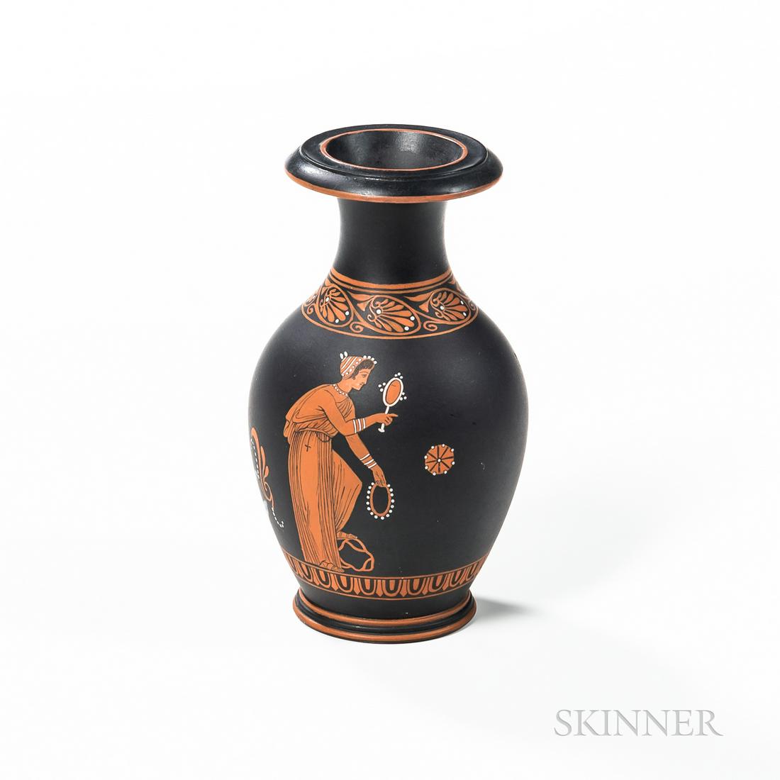 Wedgwood Encaustic Decorated Black Basalt Vase, England, 19th century, iron red, black, and white: Wedgwood Encaustic Decorated Black Basalt Vase, England, 19th century, iron red, black, and white figure below a running anthemion border, impressed mark, ht. 5 in. Provenance: Jacobs collection; Star