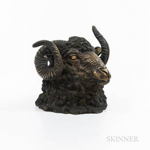 Bronze Ram-head Inkwell, with a hinged lid, ht. 3 1/2 in.: Bronze Ram-head Inkwell, with a hinged lid, ht. 3 1/2 in.