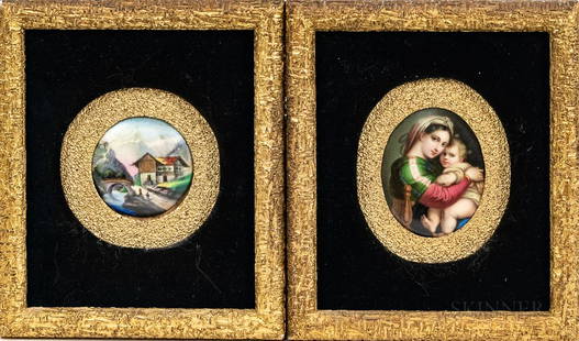 Two Gilt Framed Continental Porcelain Plaques, including one depicting the Madonna and child, lg. 8: Two Gilt Framed Continental Porcelain Plaques, including one depicting the Madonna and child, lg. 8 1/4, wd. 7 in.