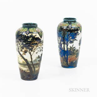 Pair of French Art Nouveau Pottery Montieres Amiens Vases, circa 1917, marked "AMIENS FRANCE 1917,": Pair of French Art Nouveau Pottery Montieres Amiens Vases, circa 1917, marked "AMIENS FRANCE 1917," ht. 8 5/8 in.