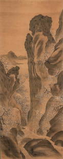 Hanging Scroll Depicting a Landscape, China, 19th/20th century, with a craggy mountain range with: Hanging Scroll Depicting a Landscape, China, 19th/20th century, with a craggy mountain range with plum blossoms, a hut, and a hermit accompanied with a boy assistant, sealed, ink and light color on