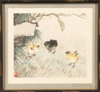 Framed Painting, China, depicting three chicks and bamboo plants, with a seal in the bottom left: Framed Painting, China, depicting three chicks and bamboo plants, with a seal in the bottom left corner, glazed, painting 11 1/2 x 13 in.