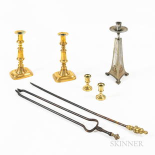 Seven Pieces of Metal Item, including brass candlesticks, ht. 3 to 11 3/4, poker, lg. 24 1/2, and: Seven Pieces of Metal Item, including brass candlesticks, ht. 3 to 11 3/4, poker, lg. 24 1/2, and tongs, lg. 21 1/2 in.