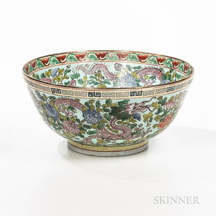 Modern Chinese Porcelain Punch Bowl, with floral and dragon decorations, ht. 6, dia. 14 in.: Modern Chinese Porcelain Punch Bowl, with floral and dragon decorations, ht. 6, dia. 14 in.