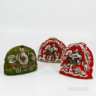 Three Beaded Stuffed Cozies, one depicting a tea set and two red and white scroll- and: Three Beaded Stuffed Cozies, one depicting a tea set and two red and white scroll- and floral-decorated cozies, ht. to 10 1/2, wd. 13 in.