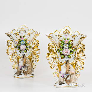 Pair of French Porcelain Vases, gilt decoration with floral and game, ht. 15, wd. 10 1/2 in.: Pair of French Porcelain Vases, gilt decoration with floral and game, ht. 15, wd. 10 1/2 in.