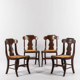 Four Classical Tiger and Bird's-eye Maple Side Chairs, New England, c. 1830, the scrolled, shaped: Four Classical Tiger and Bird's-eye Maple Side Chairs, New England, c. 1830, the scrolled, shaped crests on vasiform splats and raked stiles with cane seats on sabre legs, ht. 33, wd. 17 1/8, dp. 17