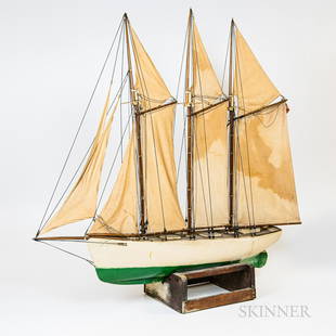 Large Green- and White-painted Pond Boat with Stand, ht. 49, wd. 44, base stand dp. 12 1/2 in.: Large Green- and White-painted Pond Boat with Stand, ht. 49, wd. 44, base stand dp. 12 1/2 in.