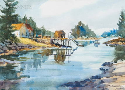 Frederick (Fritz) Kubitz (American, 20/21st century) Tidal River and Dock Signed l.r. Watercolor on: Frederick (Fritz) Kubitz (American, 20/21st century) Tidal River and Dock Signed l.r. Watercolor on paper. Framed, sight size 10 1/2 x 14 1/2 in.