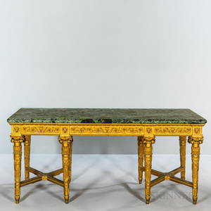 Louis XVI-style Marble-top Giltwood Table, heavily carved with Classical motifs, molded stretchers,