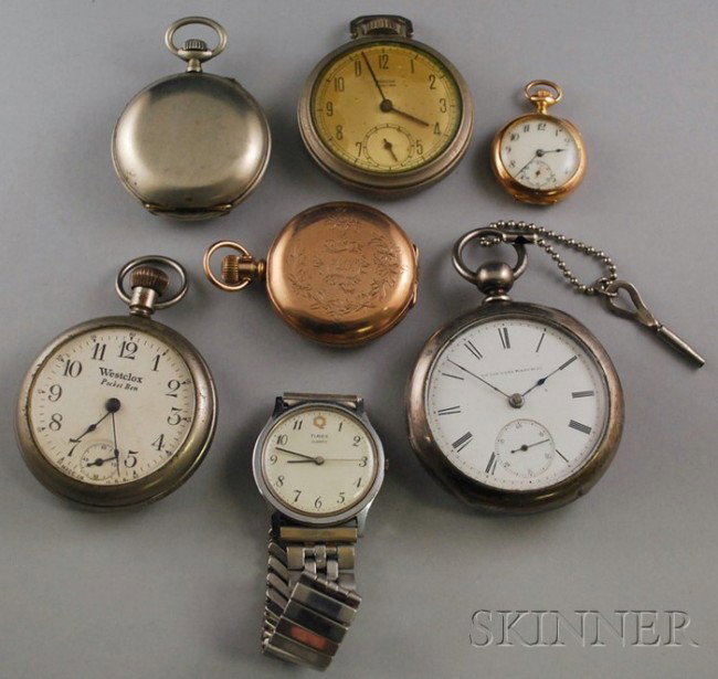 Group of Mostly Pocket Watches, including a coin s: Group of Mostly Pocket Watches, including a coin silver Elgin and two Westclox.