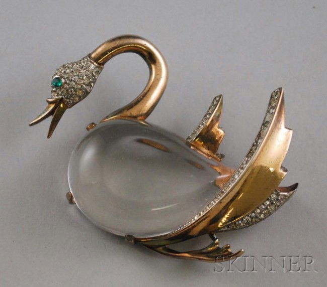 Vintage Trifari Sterling Silver, Lucite, and Rhine: Vintage Trifari Sterling Silver, Lucite, and Rhinestone "Jelly Belly" Swan Brooch, wd. 2 1/2, lg. 2 in.