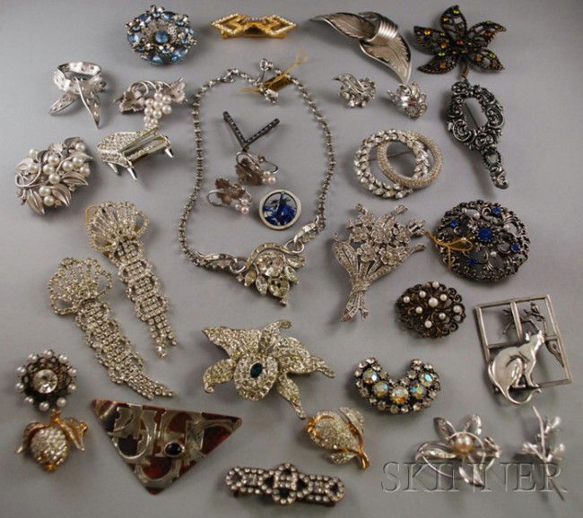 Small Group of Rhinestone, Pearl, and Paste Costum: Small Group of Rhinestone, Pearl, and Paste Costume Jewelry, including pieces from Coro, Trifari, Krementz,