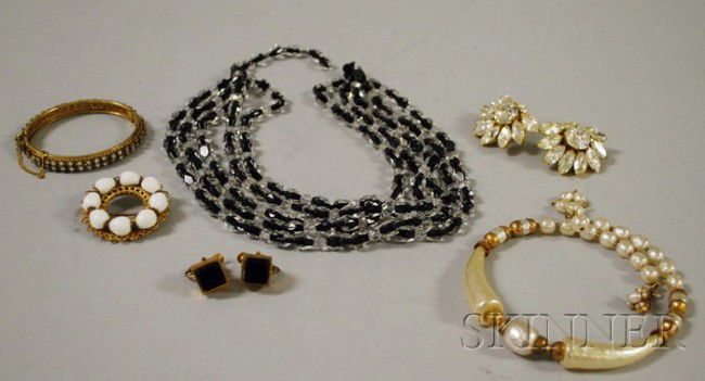 Small Group of Miriam Haskell Jewelry, two necklac: Small Group of Miriam Haskell Jewelry, two necklaces, a brooch, a bangle, and two pairs of earrings.