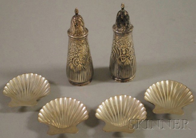 Four Shell-form Tiffany Sterling Salts and a Pair o: Four Shell-form Tiffany Sterling Salts and a Pair of Tiffany Sterling Casters, approx. 6 troy oz.