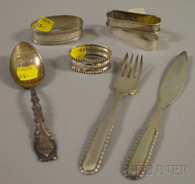 Group of Silver Tableware, a Georg Jensen "Rope" pa: Group of Silver Tableware, a Georg Jensen "Rope" pattern dessert fork and master butter knife, a Whiting souvenir spoon, and four napkin rings (various makers).