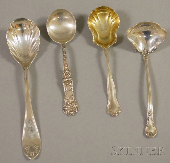 Four Small American Sterling Flatware Items, Gorha: Four Small American Sterling Flatware Items, Gorham "Chantilly" sauce ladle, Watrous sugar spoon, Gale & Willis sugar shell, and a bouillon soupspoon.