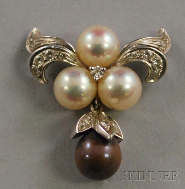 14kt White Gold, Pearl, and Diamond Slide, in Miki: 14kt White Gold, Pearl, and Diamond Slide, in Mikimoto box, unsigned.