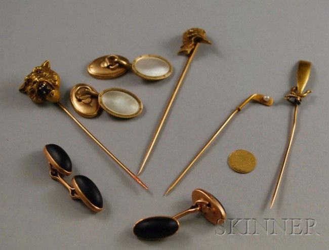 Group of Assorted Jewelry Items, including two pai: Group of Assorted Jewelry Items, including two pairs of 14kt gold cuff links, four gold and gilt stickpins, and a small coin of California gold dated 1855.