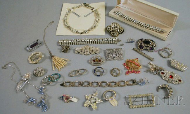 Group of Vintage Rhinestone and Paste Costume Jewe: Group of Vintage Rhinestone and Paste Costume Jewelry, including a Trifari necklace, a Weiss bracelet, and a number of brooches, clips, and other items.