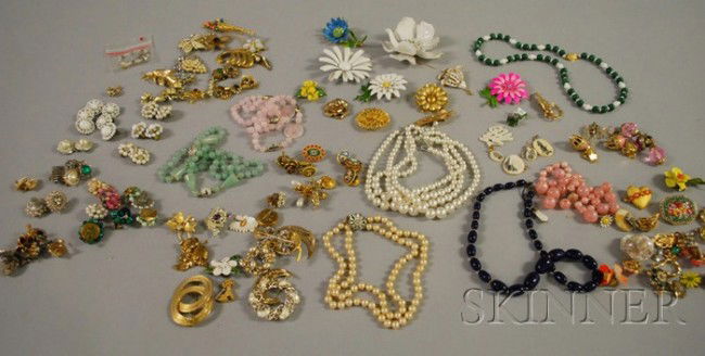 Large Group of Costume Jewelry, including floral b: Large Group of Costume Jewelry, including floral brooches, beaded and crystal earclips, micromosaics, beaded necklaces, and signed pieces including Trifari, Monet, and Florenza.