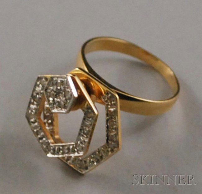 Kinetic 14kt Gold and Diamond Ring, composed of tw: Kinetic 14kt Gold and Diamond Ring, composed of two movable hexagons and a fixed small hexagon, total 3.6 dwt, size 7.