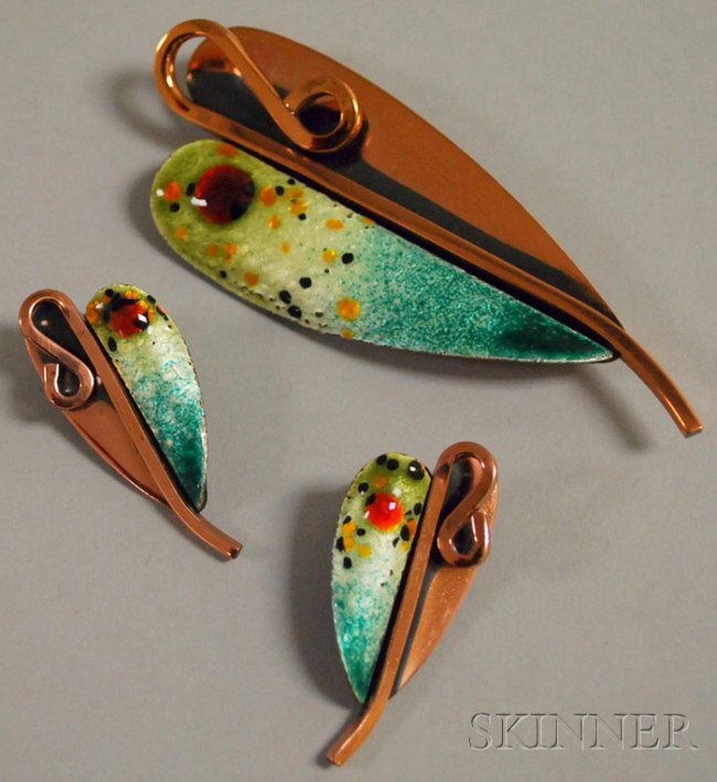 Vintage Matisse Renoir Copper and Enamel Brooch an: Vintage Matisse Renoir Copper and Enamel Brooch and Earclips, brooch wd. 3 1/4 in.