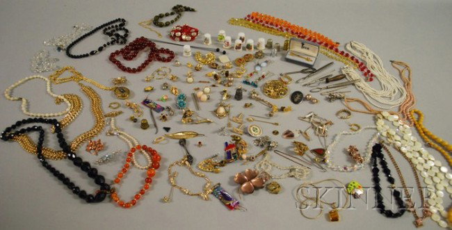 Large Group of Costume Jewelry, including beaded n: Large Group of Costume Jewelry, including beaded necklaces, thimbles, and some signed pieces.