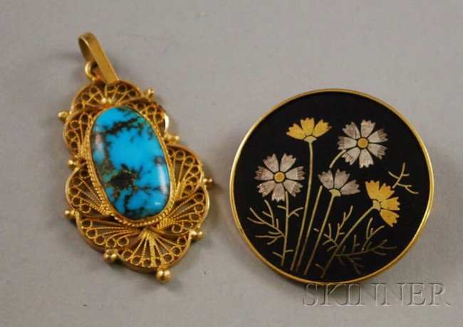 14kt Gold and Turquoise Pendant and a Mixed Metal : 14kt Gold and Turquoise Pendant and a Mixed Metal Shakudo Brooch, pendant lg. 1 3/4 in., 2.4 dwt.