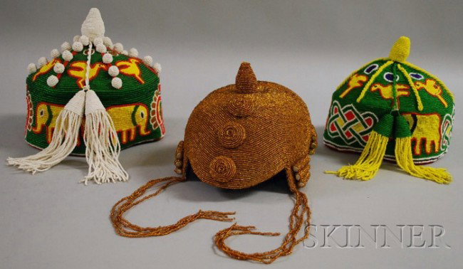 Three Yoruba Beaded Ceremonial Hats.: Three Yoruba Beaded Ceremonial Hats.