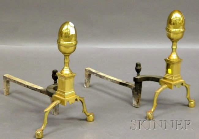 Pair of Brass Lemon-top Andirons, ht. 19 1/4 in.: Pair of Brass Lemon-top Andirons, ht. 19 1/4 in.
