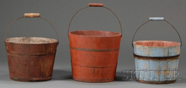 Three Shaker Painted Wooden Pails, America, 19th c: Three Shaker Painted Wooden Pails, America, 19th century, stave and iron hoop construction, wire bails with turned hardwood handles, diamond-shaped sheet iron bail plates, old but not original paint, 