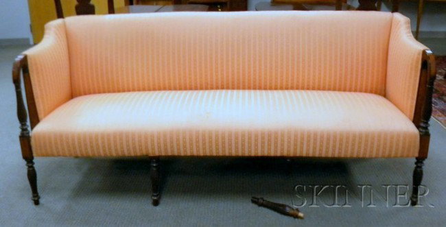 Federal Carved Mahogany and Wavy Birch Inlaid Squa: Federal Carved Mahogany and Wavy Birch Inlaid Square-back Sofa, Massachusetts or New Hampshire, c. 1810-15, refinished, ht. 34, lg. 75, dp. 25 in.