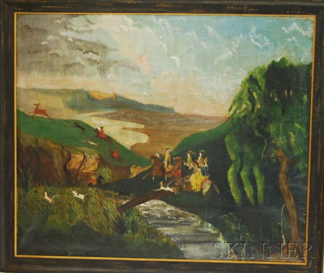 British School 19th Century Oil on Canvas Hunting: British School 19th Century Oil on Canvas Hunting Party in a Vivid Landscape, unsigned, in an ebonized wood frame, (soiling, repaired punctures), canvas 21 3/4 x 25 3/4 in.