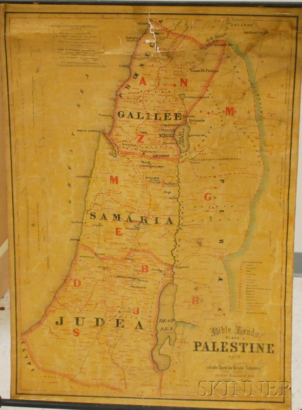 James Picardie Cox Hand-colored Lithograph Palesti: James Picardie Cox Hand-colored Lithograph Palestine Map, New York, 1862, a scrolling wall map on linen, (imperfections, varnish, creasing), approx. 38 x 27 1/4 in.