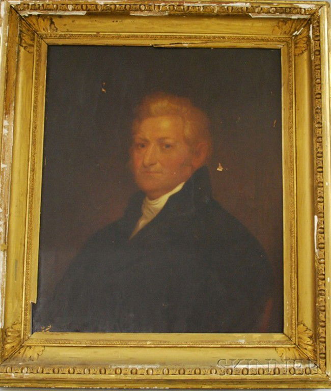 Framed Color Portrait Print Depicting Lt. Elisha W: Framed Color Portrait Print Depicting Lt. Elisha Whitney, mounted on canvas with typed paper label "...by Gilbert Stuart," with related family genealogy, canvas 30 x 25 in.
