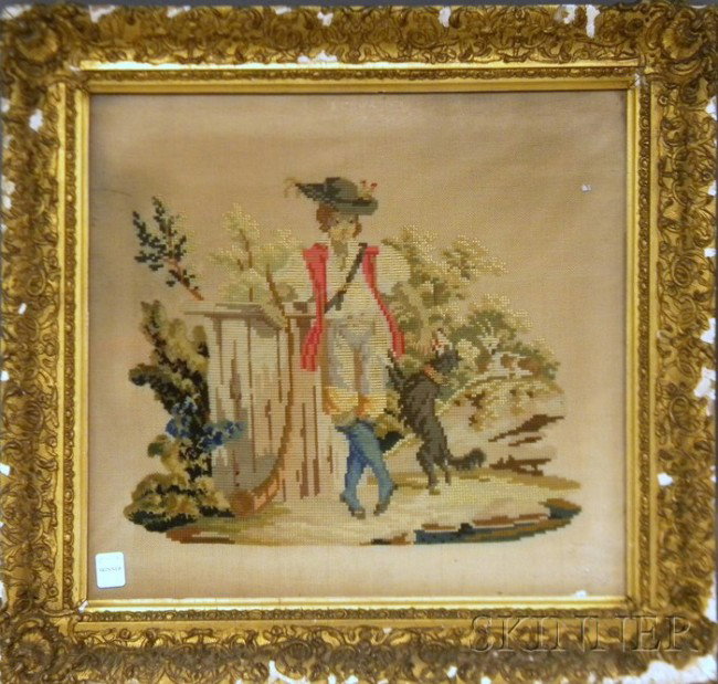 Framed 19th Century Needlepoint and Berlinwork Pa: Framed 19th Century Needlepoint and Berlinwork Panel of a Boy and Dog, sight wd. 17 in.