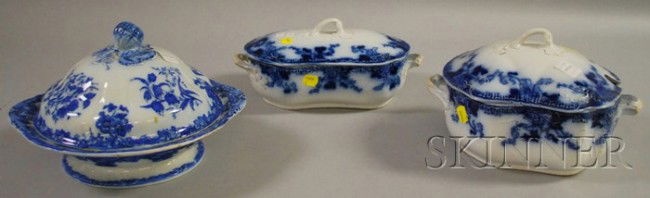 Hughes & Son Flow Blue Cover Tureen and Covered S: Hughes & Son Flow Blue Cover Tureen and Covered Serving Bowl, and a Davenport Venetian Pattern Ceramic Covered Serving Bowl.