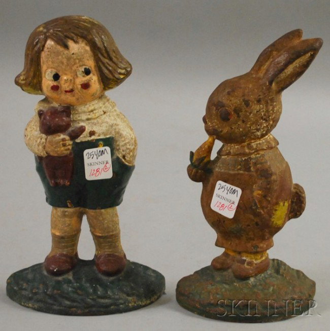 Painted Cast Iron Rabbit Doorstop and Boy Doorsto: Painted Cast Iron Rabbit Doorstop and Boy Doorstop.