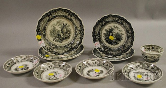 Ten Pieces of English Black and White Transfer-de: Ten Pieces of English Black and White Transfer-decorated Staffordshire Tableware, five plates, a cup, and four saucers.