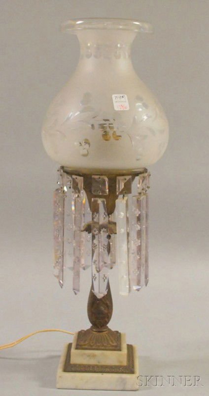 Victorian Brass Sinumbra Lamp with Marble Base, p: Victorian Brass Sinumbra Lamp with Marble Base, prisms, (electrified, cracked etched glass shade).