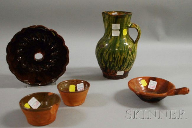 Glazed Redware Jug, Culinary Mold, and Three Smal: Glazed Redware Jug, Culinary Mold, and Three Small Bowls.
