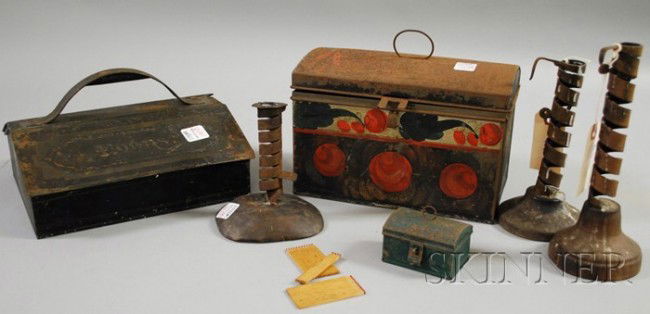 Polychrome Paint-decorated Dome-top Tole Box, a P: Polychrome Paint-decorated Dome-top Tole Box, a Painted Tin Cutlery Box, and Three Iron Spiral Candlesticks with Wood Bases.