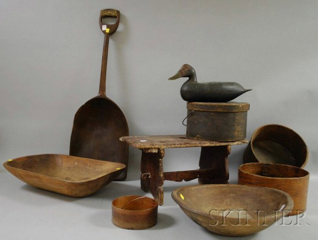 Group of Country Wooden Articles, a rustic stool,: Group of Country Wooden Articles, a rustic stool, hewn chopping bowl, grain shovel, a turned bowl, three circular measures, a painted pantry box, and a carved and painted duck decoy.