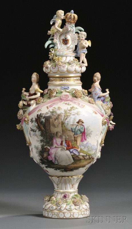 Carl Thieme Porcelain Vase and Cover, Germany, late : Carl Thieme Porcelain Vase and Cover, Germany, late 19th century, polychrome enameled and gilded, the shoulder with scantily clad nymphs surrounded by applied flowers, each side with a figural courtya