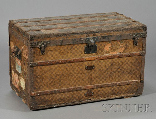 Louis Vuitton Wood-strapped Cloth-bound Steamer Tr: Louis Vuitton Wood-strapped Cloth-bound Steamer Trunk, serial number 157088, ht. 37 1/4, wd. 21 in.